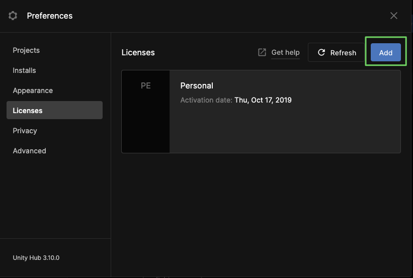 Unity Hub interface showing the Preferences window with the Licenses tab selected and the Add button highlighted